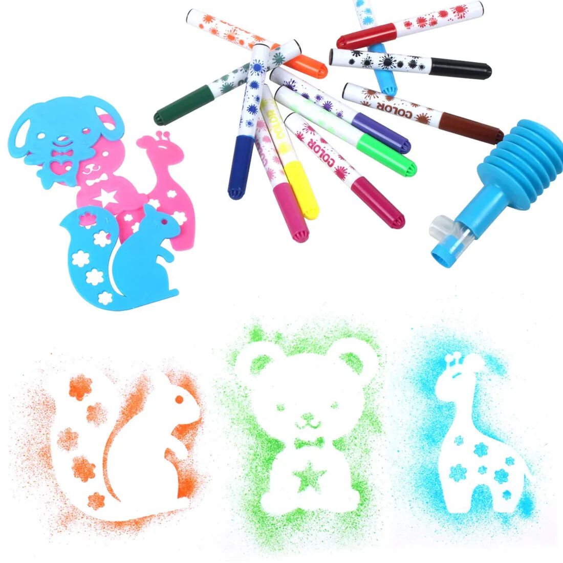 {12 Pieces} Colorful Pen Set with Spray Cum Sketch Pen with Stencils Drawing Set