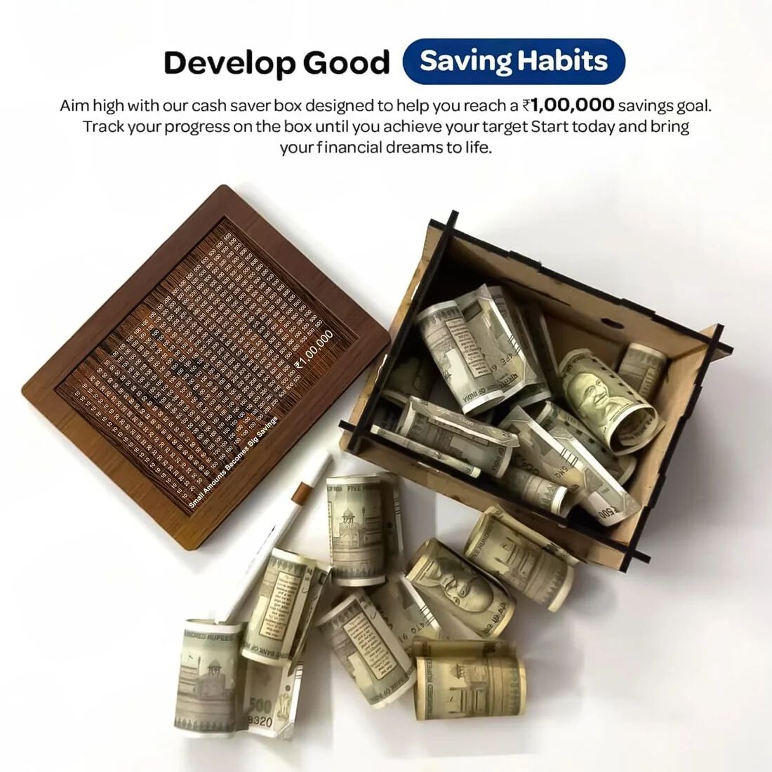 Money Box with Carved Design, Wooden Piggy Bank