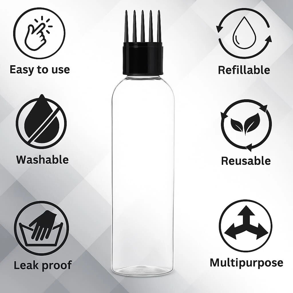 Hair Oil Applicator Bottle with Comb Nozzle 100ml Transparent Refillable