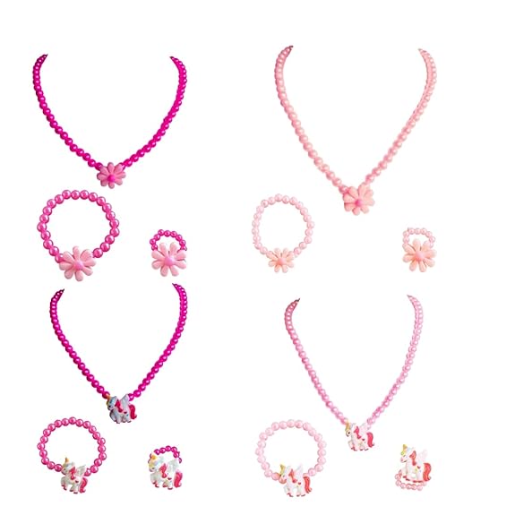 Cute Pink Beads Necklace With Bracelet and Ring Jewellery Set for Girls