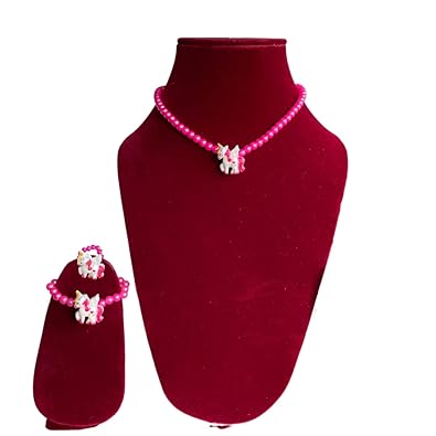 Cute Pink Beads Necklace With Bracelet and Ring Jewellery Set for Girls