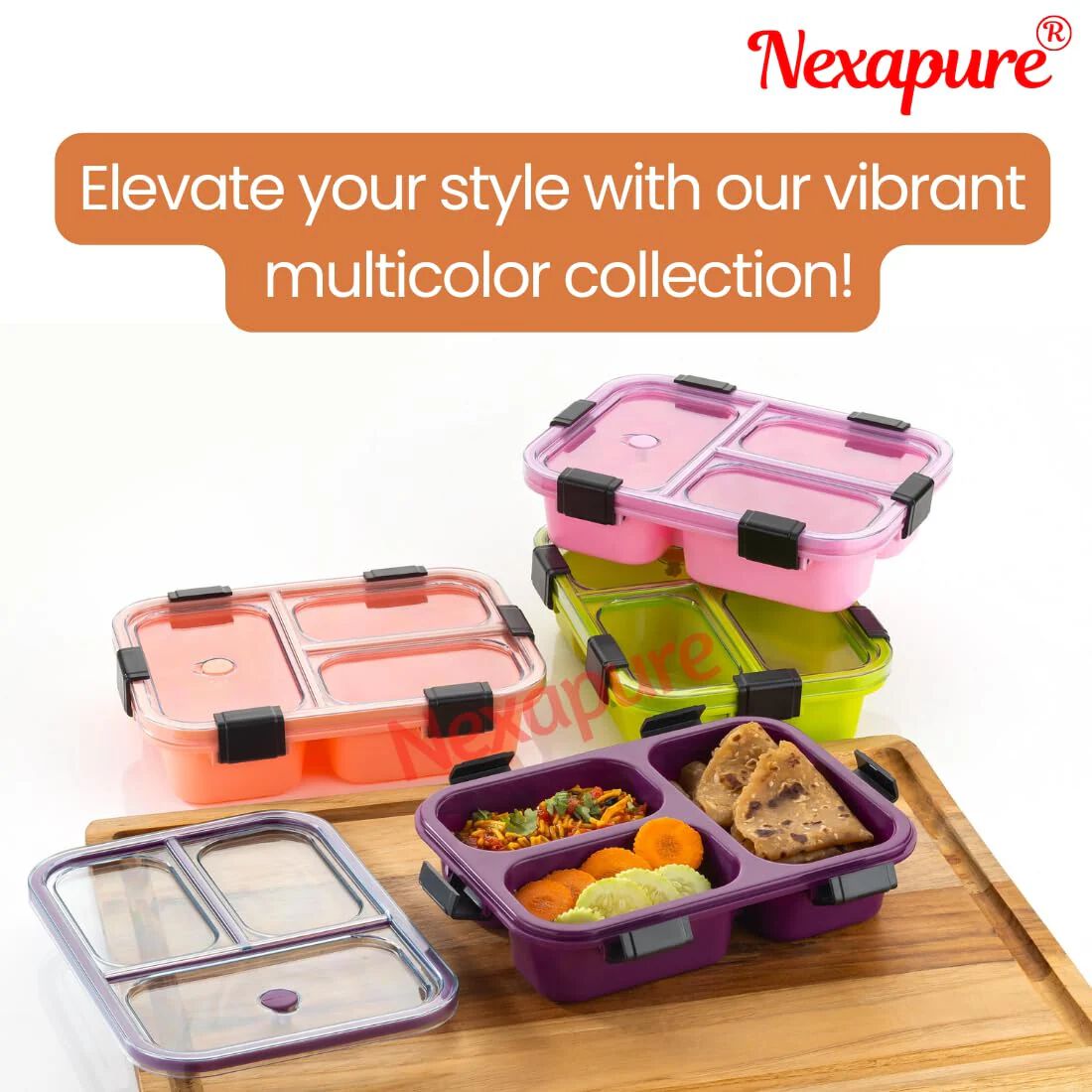 3 Compartment Transparent Lid Tiffin Lunch Box | Silicone Seal Ring