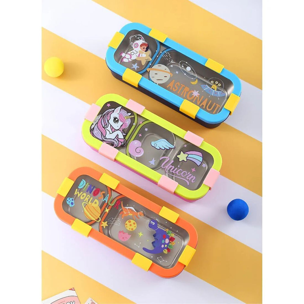 Stainless Steel Kids Lunch Box 2 Compartment 600 ml Purple Astronaut Cartoon Design Tiffin Box