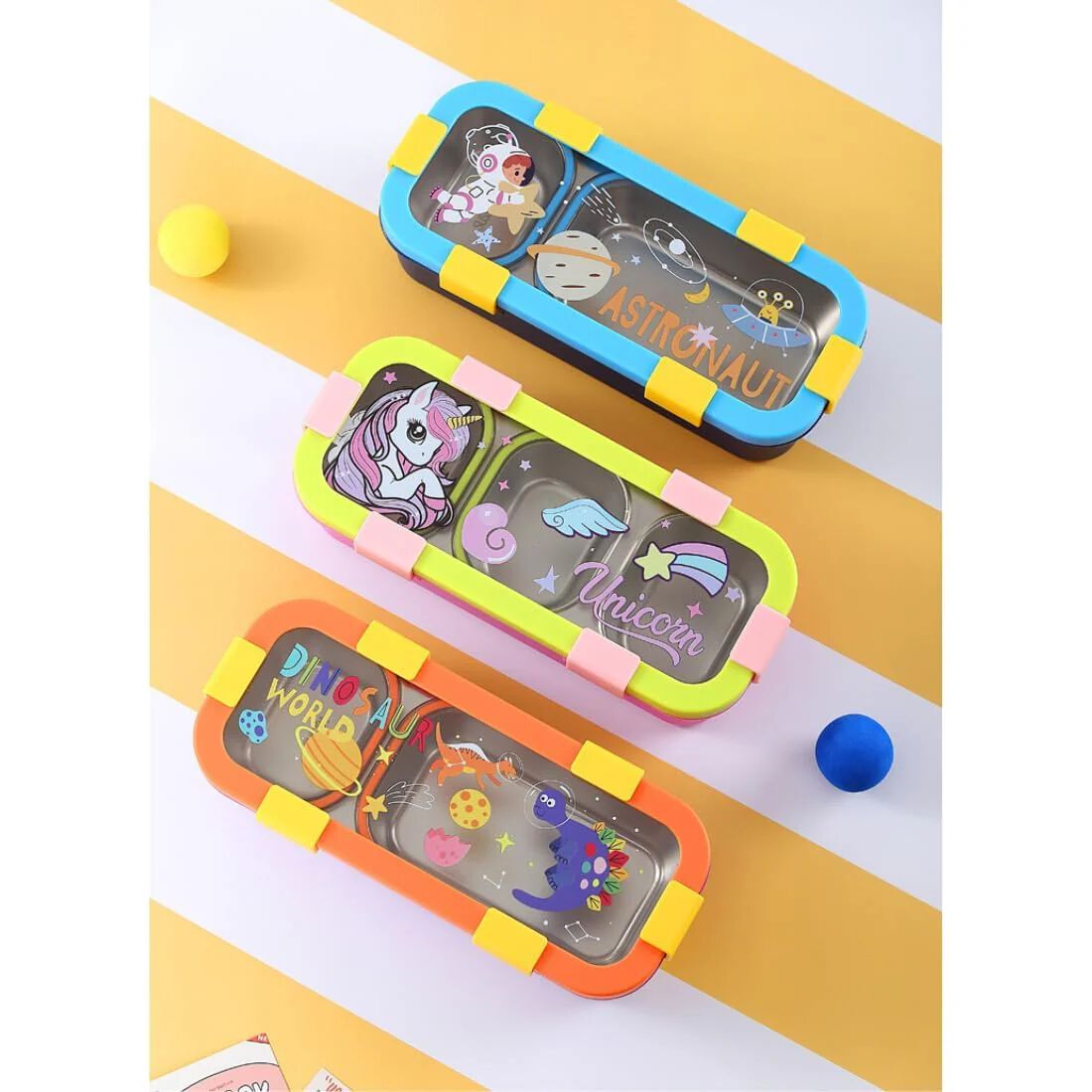 Stainless Steel Kids Lunch Box 2 Compartment 600 ml Purple Astronaut Cartoon Design Tiffin Box