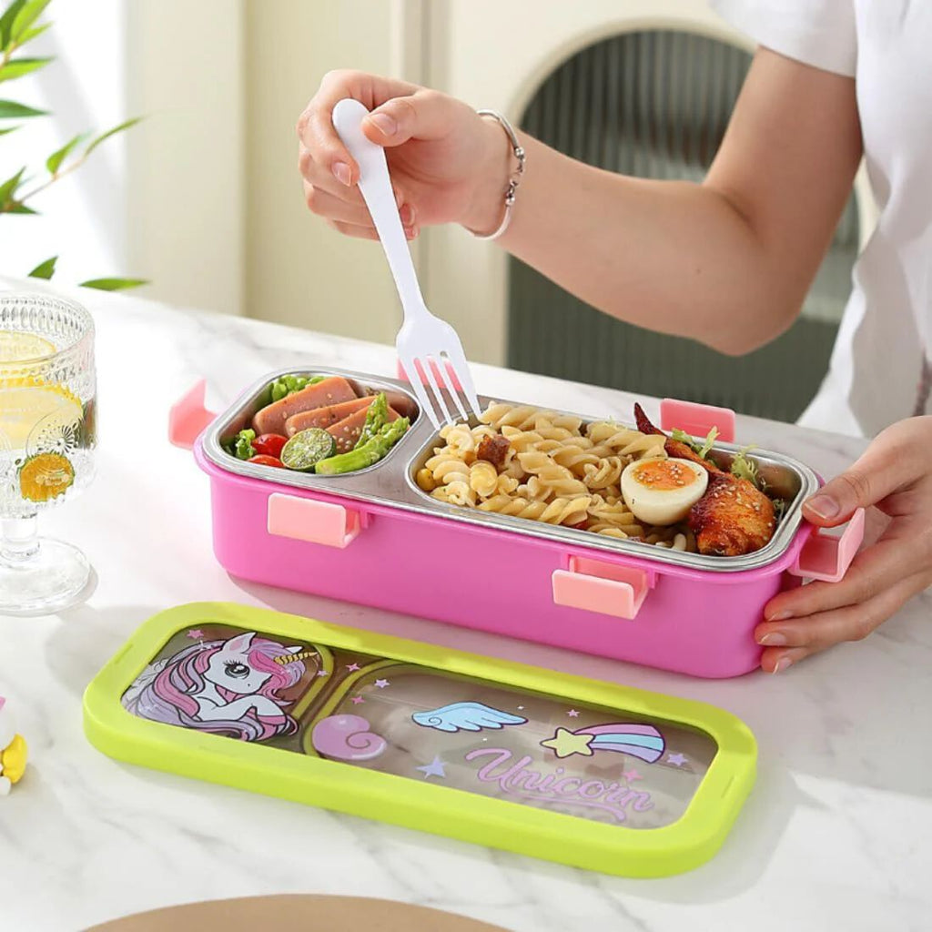 Stainless Steel Kids Lunch Box 2 Compartment 600 ml Purple Astronaut Cartoon Design Tiffin Box