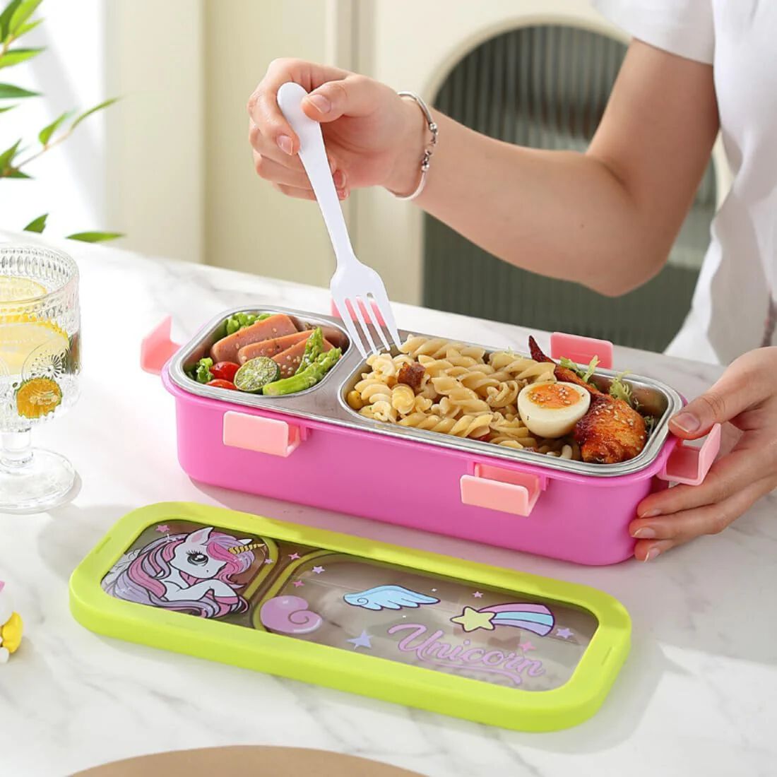 Stainless Steel Kids Lunch Box 2 Compartment 600 ml Purple Astronaut Cartoon Design Tiffin Box