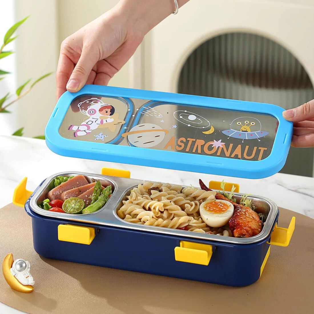 Stainless Steel Kids Lunch Box 2 Compartment 600 ml Purple Astronaut Cartoon Design Tiffin Box