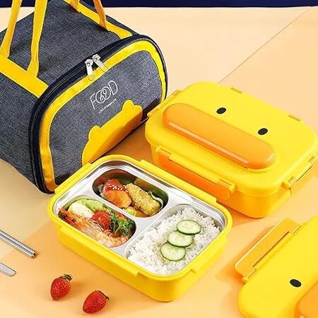Kids Bento Lunch Box, 316 Stainless Steel, 3-Compartment, Insulated Yellow Duck Design