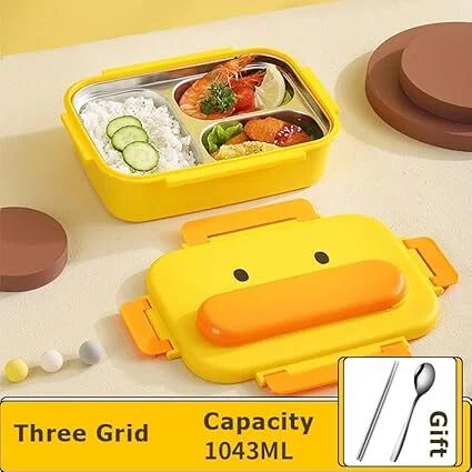 Kids Bento Lunch Box, 316 Stainless Steel, 3-Compartment, Insulated Yellow Duck Design