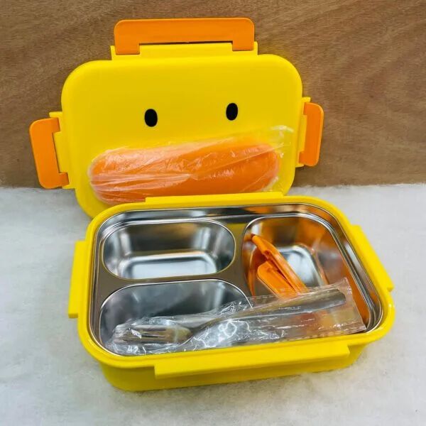 Kids Bento Lunch Box, 316 Stainless Steel, 3-Compartment, Insulated Yellow Duck Design
