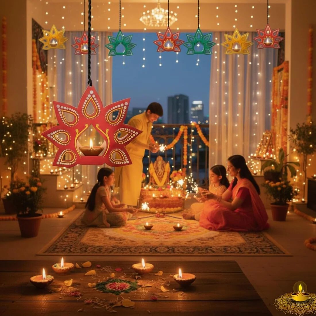 {Pack of 10} Hanging Festive Mystic Multicolor Printed Paper Lanterns for Home/Office