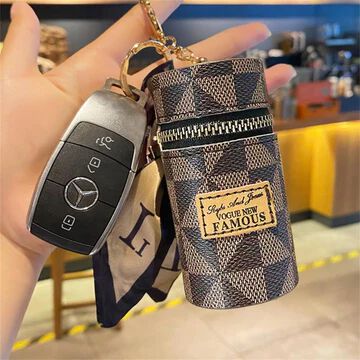 Mini Lipstick Pouch with Key Ring - Brown Small Zipper Bag