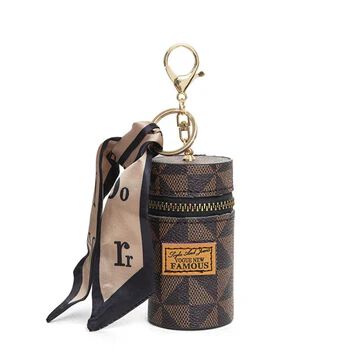 Mini Lipstick Pouch with Key Ring - Brown Small Zipper Bag