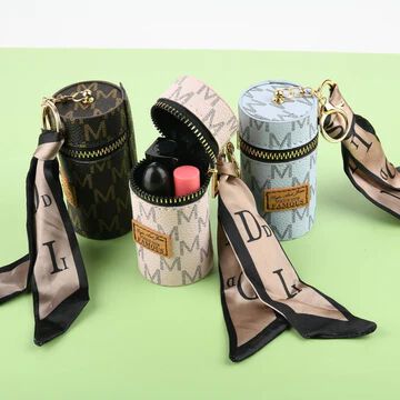 Mini Lipstick Pouch with Key Ring - Brown Small Zipper Bag