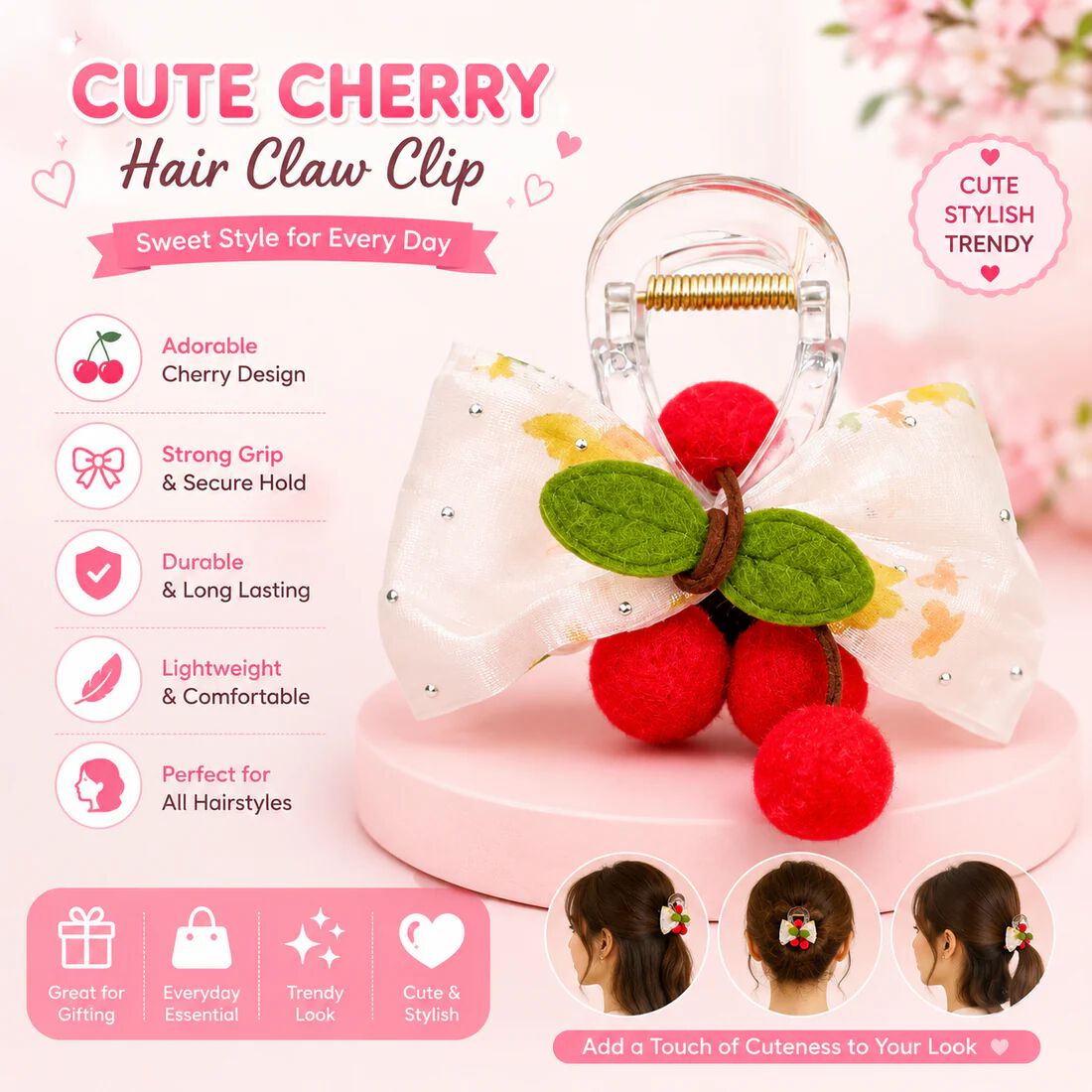 Style Hair Clutcher with Cherry Pom Poms, Girls Hair Accessory {Random Color}