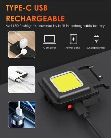 Rechargeable LED Keychain Light, USB Charging, Black