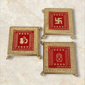 Decorative Swastik, Om, Kalash Chowki, Gold-Plated Plastic Stand with Red Enamel Design 15 Cm