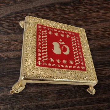 Decorative Swastik, Om, Kalash Chowki, Gold-Plated Plastic Stand with Red Enamel Design 15 Cm