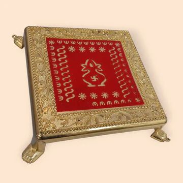 Decorative Swastik, Om, Kalash Chowki, Gold-Plated Plastic Stand with Red Enamel Design 15 Cm