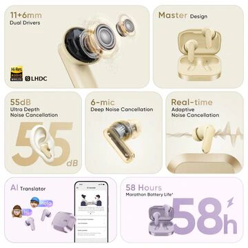 Earbuds Air 8,11mm+6mm Dual Dynamic Bass Drivers,58Hrs Playtime, 55dB ANC,6 Mic ENC, 45ms Low Latency, 360° Spatial Audio