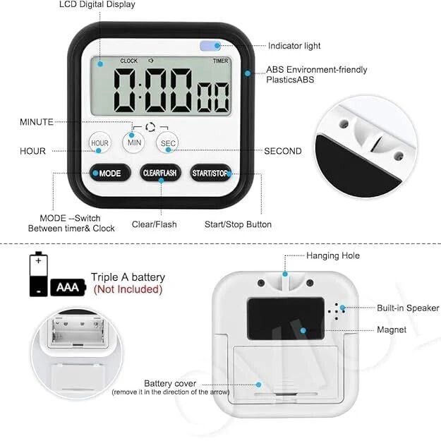 Digital Stopwatch Timer with Large LCD Screen 24hr Digital Display Magnetic Retractable Stand Loud Alarm for Sports, Studying, Cooking
