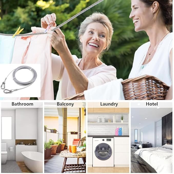 Heavy Duty Clothes Drying Rope 5 Meter with Hooks | Strong Steel Clothesline for Balcony, Travel, Camping & Home Use