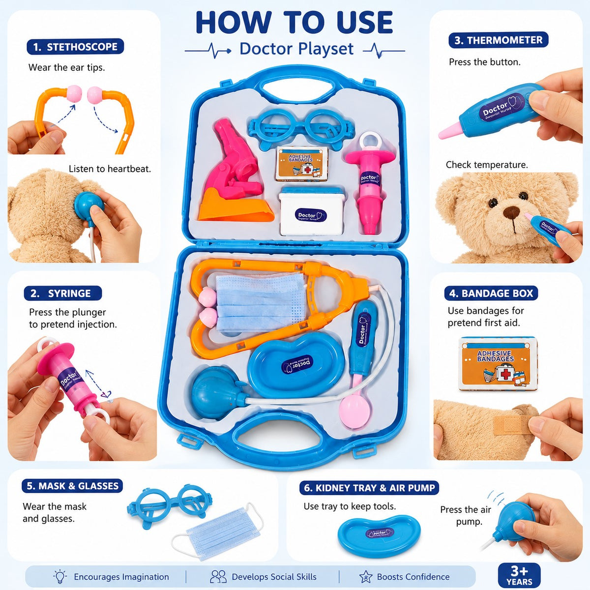 Plastic docter Set Pretend Play / 10 pcs Equipment / Kids Will Love Imaginary Play Set {Random Color}