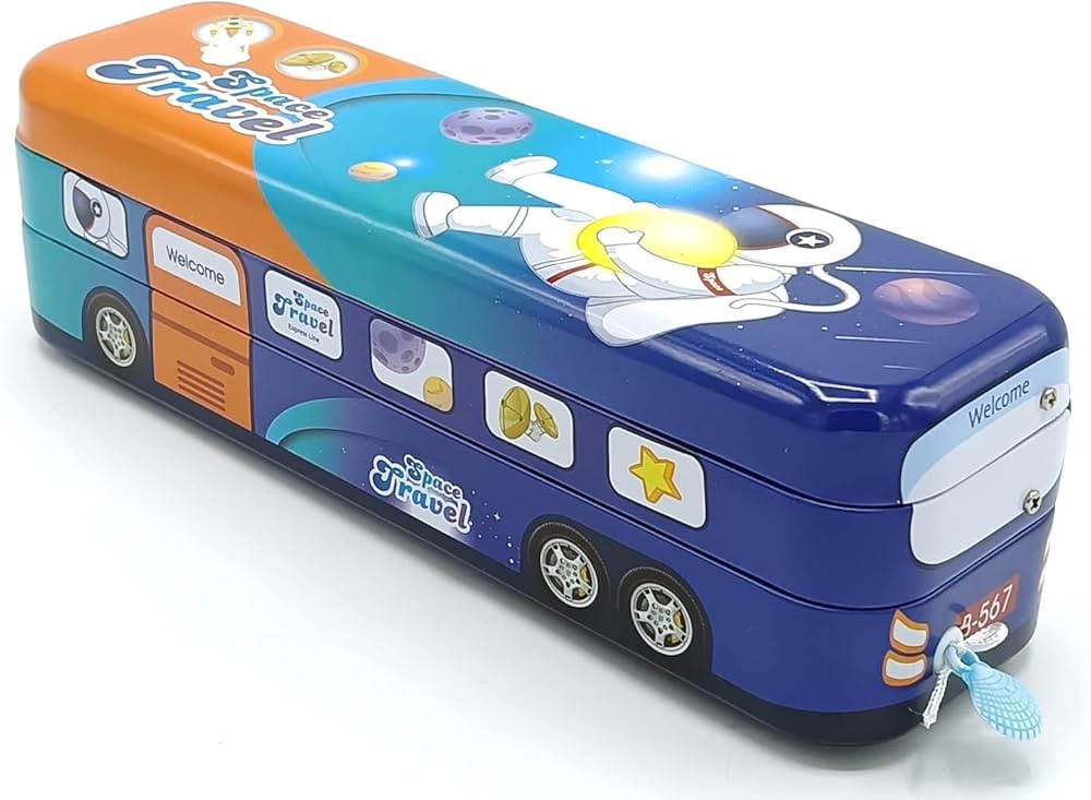 Random Design School Bus Metal Pencil Box for Kids