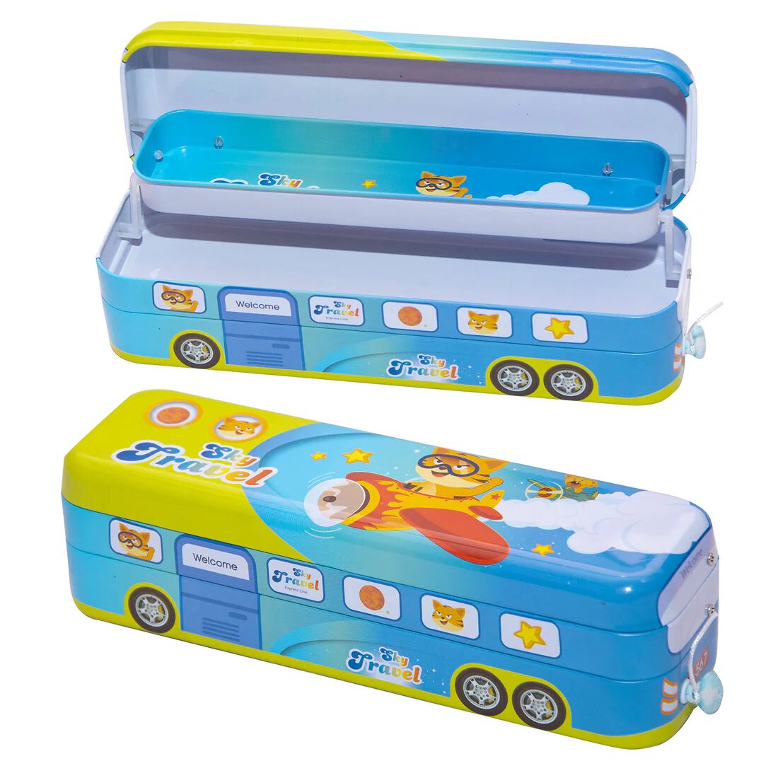 Random Design School Bus Metal Pencil Box for Kids