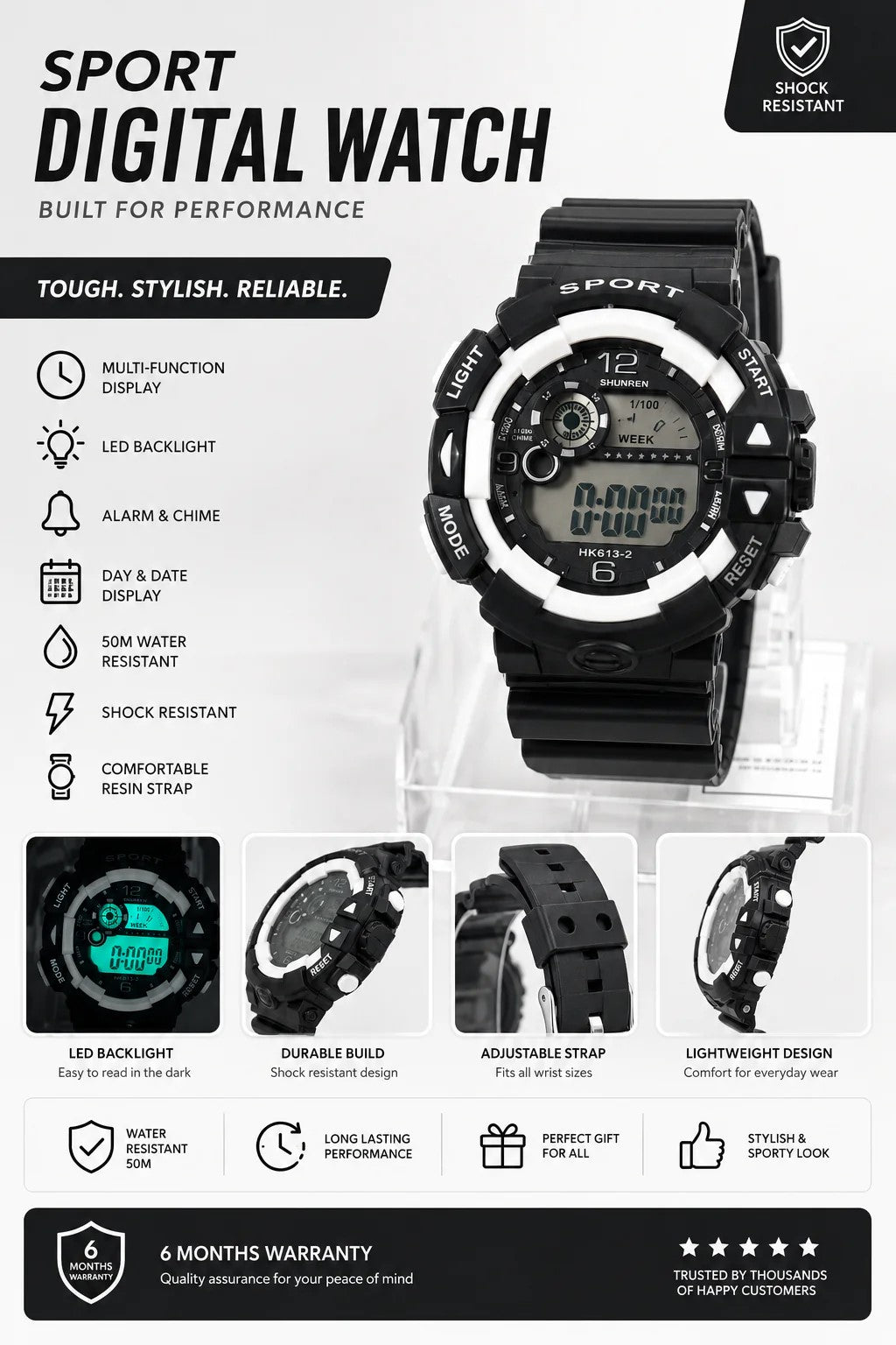 Digital Dial Alarm with Sound Waterproof Light Kids Watch for Boys & Girls {Random Design}