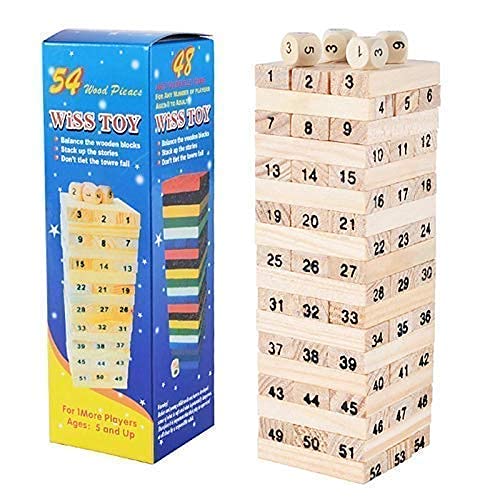 Wooden Stacking Tower Numbers 54 Pieces Building Blocks Game Board for 2 + Years Old Kids & Adult