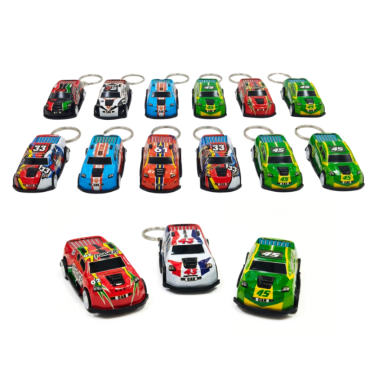 {Pack of 12} Racing Car KeyRings | Pull-back Car KeyChain| Multicolour,Random design & Fast moving Racing Car Toy KeyChain| Keychain for Girls, Boys, Kids