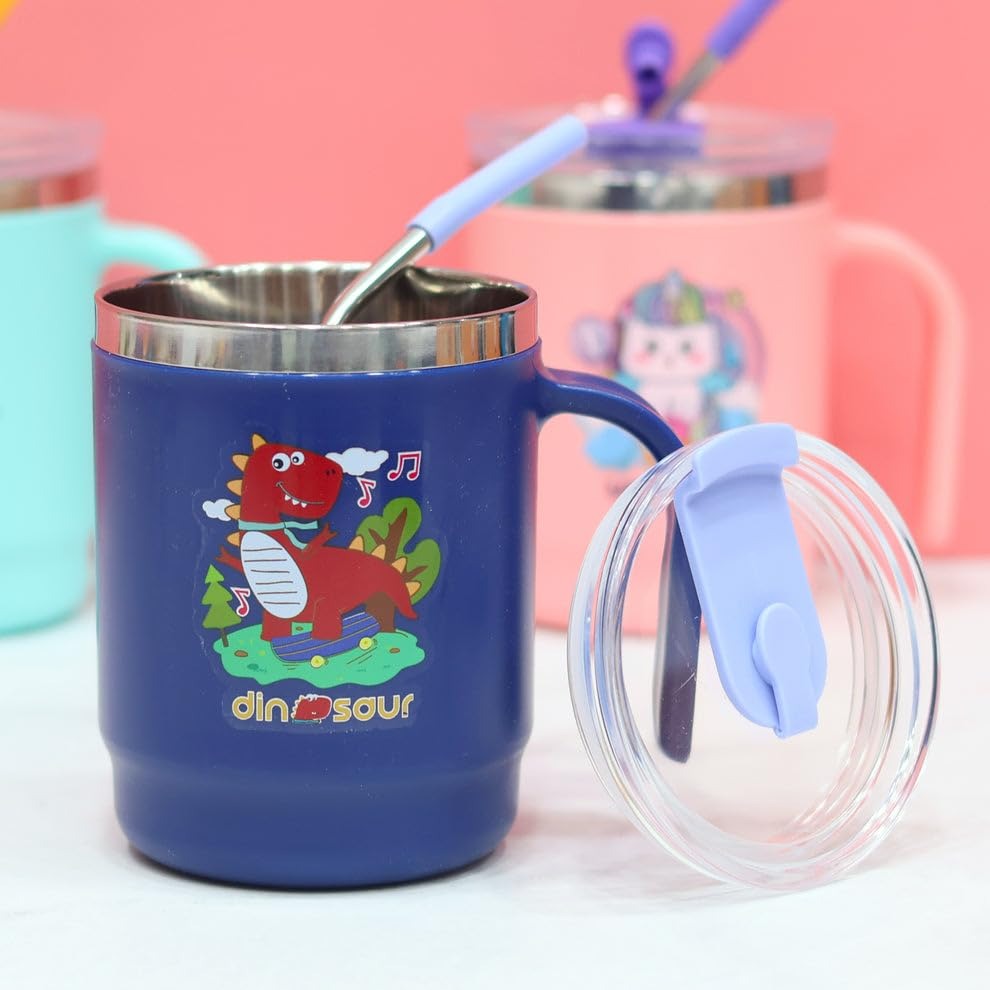 Insulated Coffee Mug, Stainless Steel Mug with Lid for Kids, Insulated Vacuum Cup for Milk Water and Coffee, Birthday Return Gifts for Kids – 400 ML {Random Color}