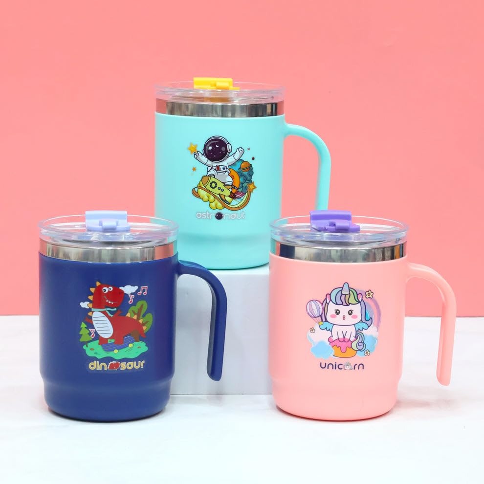 Insulated Coffee Mug, Stainless Steel Mug with Lid for Kids, Insulated Vacuum Cup for Milk Water and Coffee, Birthday Return Gifts for Kids – 400 ML {Random Color}