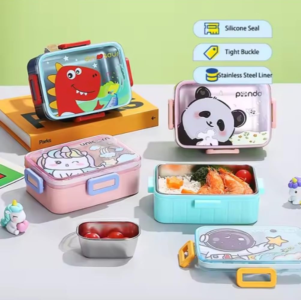 Kids Cartoon Lunch Box – 600ml + 100ml Stainless Steel Tiffin with Extra Bowl | Leakproof, BPA-Free & Cute Designs (Dino, Unicorn, Panda, Space)