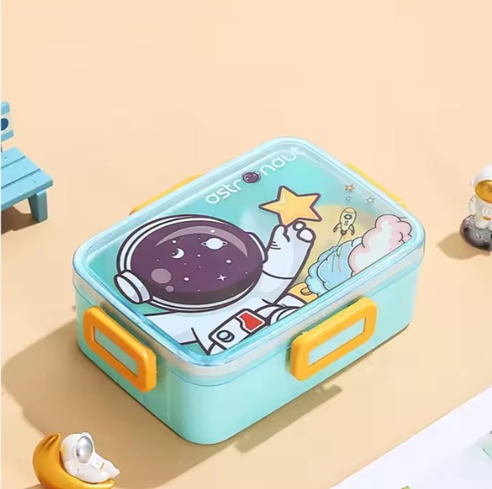 Kids Cartoon Lunch Box – 600ml + 100ml Stainless Steel Tiffin with Extra Bowl | Leakproof, BPA-Free & Cute Designs (Dino, Unicorn, Panda, Space)