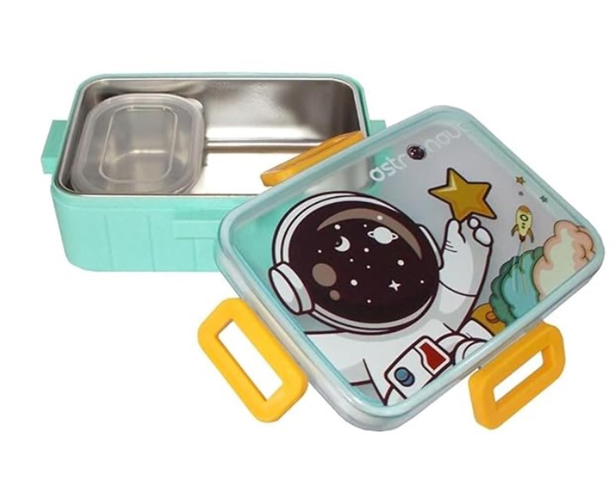 Kids Cartoon Lunch Box – 600ml + 100ml Stainless Steel Tiffin with Extra Bowl | Leakproof, BPA-Free & Cute Designs (Dino, Unicorn, Panda, Space)