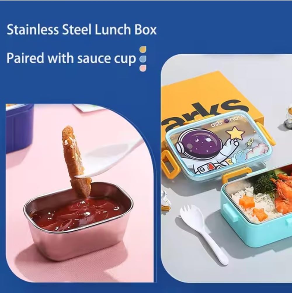 Kids Cartoon Lunch Box – 600ml + 100ml Stainless Steel Tiffin with Extra Bowl | Leakproof, BPA-Free & Cute Designs (Dino, Unicorn, Panda, Space)