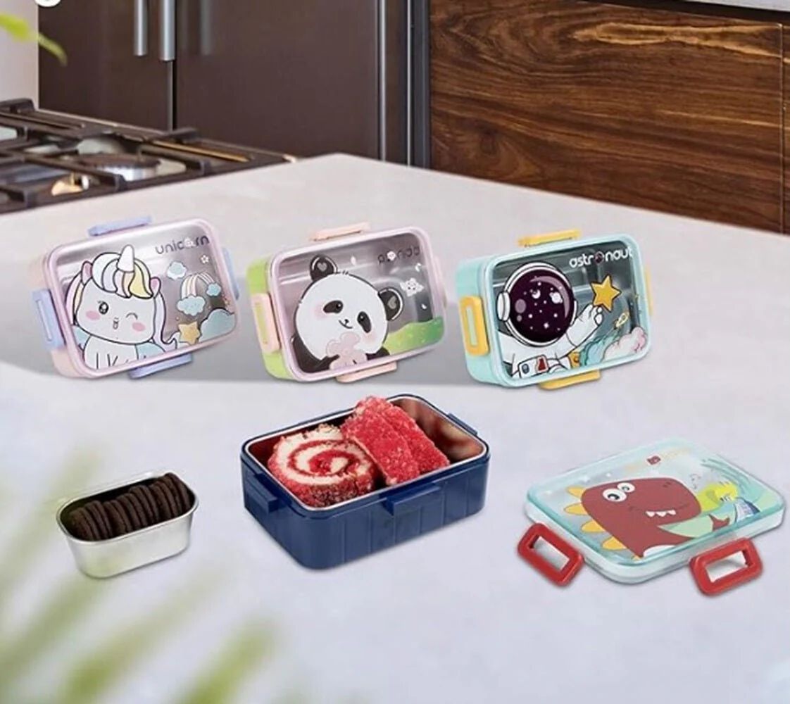 Kids Cartoon Lunch Box – 600ml + 100ml Stainless Steel Tiffin with Extra Bowl | Leakproof, BPA-Free & Cute Designs (Dino, Unicorn, Panda, Space)