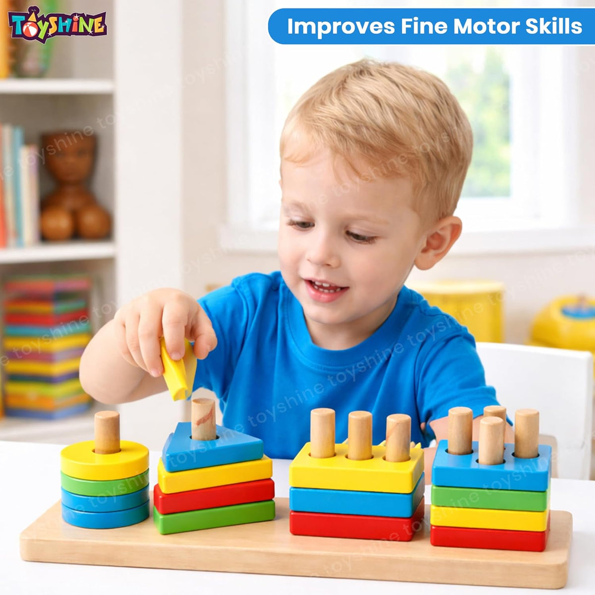 Wooden 4 Angle Geometric Building Blocks Building Stacker Shape Sorter Column Puzzle Stacking Toy Set Kids