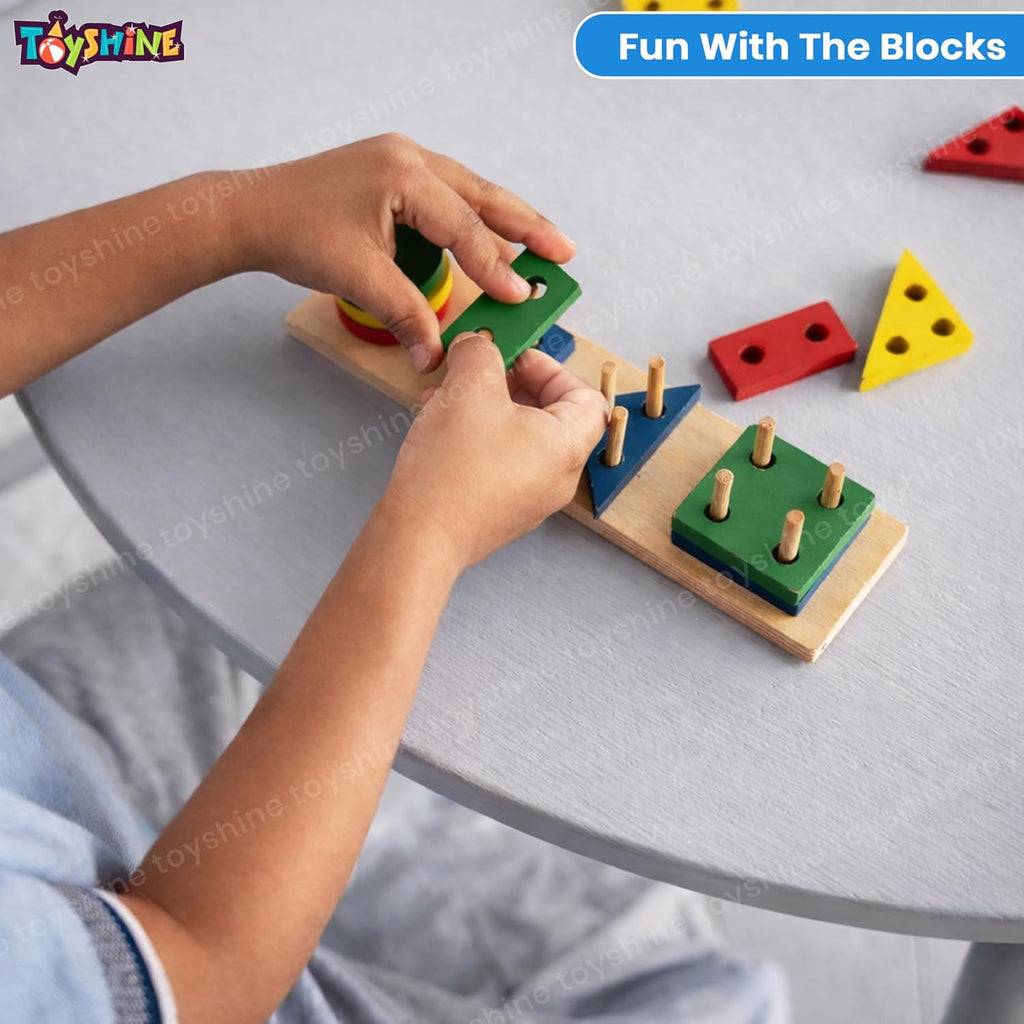 Wooden 4 Angle Geometric Building Blocks Building Stacker Shape Sorter Column Puzzle Stacking Toy Set Kids