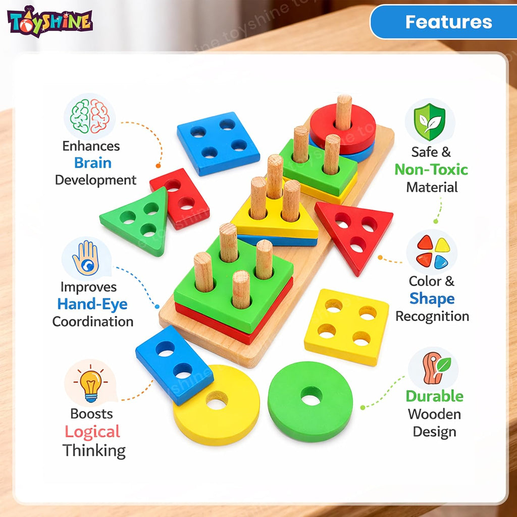 Wooden 4 Angle Geometric Building Blocks Building Stacker Shape Sorter Column Puzzle Stacking Toy Set Kids