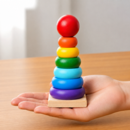 Wooden Rainbow Stacking Ring Tower (Small) | Montessori Educational Toy for Toddlers | Shape & Colour Recognition Stacker Toy