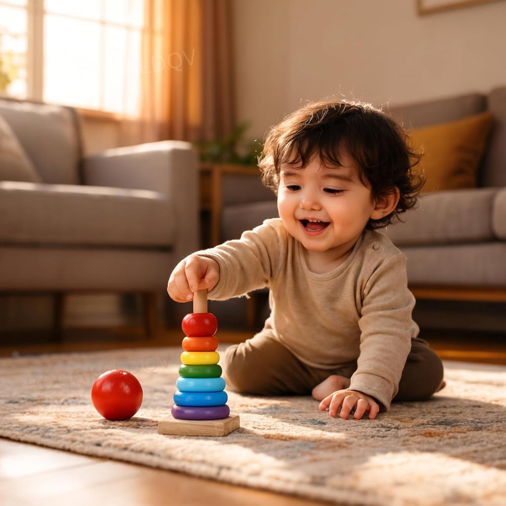 Wooden Rainbow Stacking Ring Tower (Small) | Montessori Educational Toy for Toddlers | Shape & Colour Recognition Stacker Toy