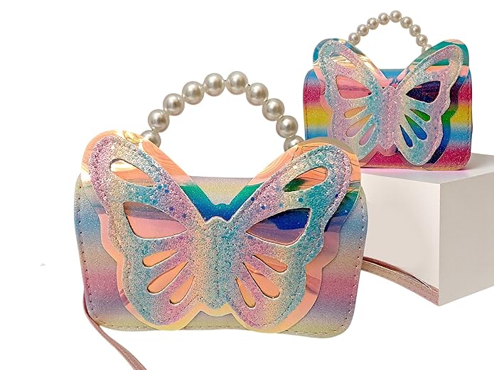 Fashion Sparkle Butterfly Sling Bag for Kids Girls | Glitter Purse with Pearl Handle and Adjustable Belt| Cute & Handy