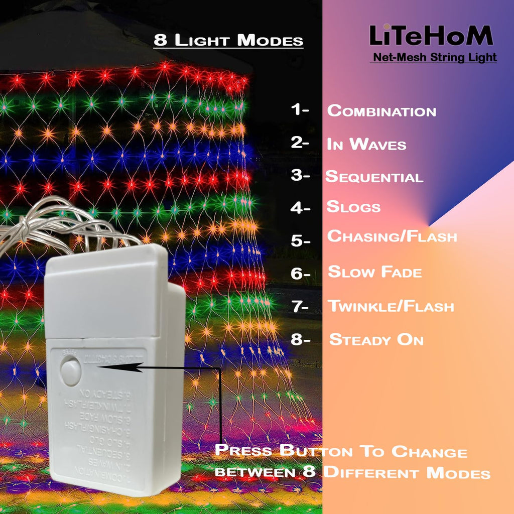 LED Net Mesh String Lights, 6.6Ft X 6.6Ft, 144 LEDs, 8 Modes Diwali Decor with Diwali Lights for Home Decoration! LED Diwali Light, LED Lights for Home Decoration (Multi Net Light)