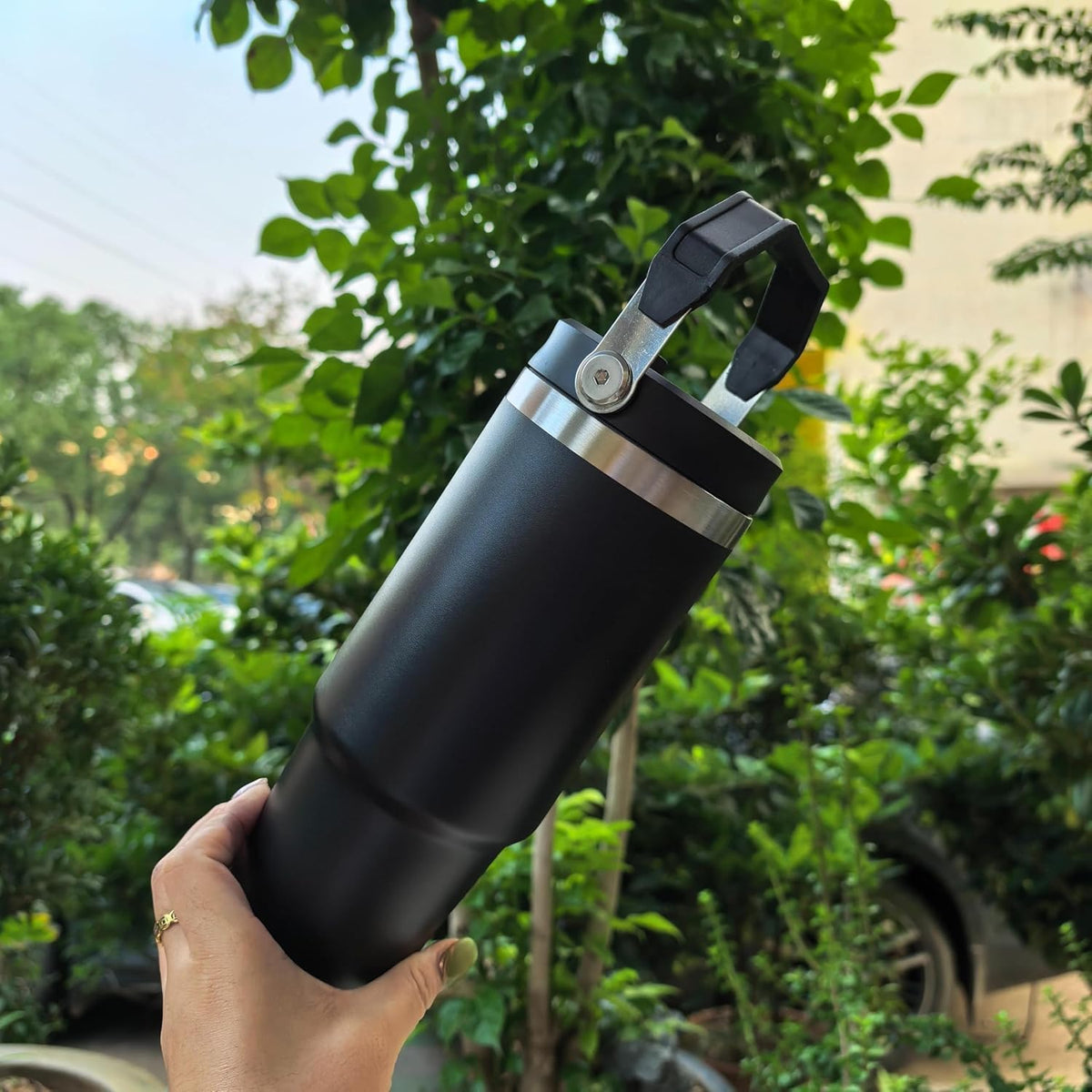 Insulated Travel Tumbler, Stainless Steel, Ergonomic Handle, Straw Lid, Vacuum Insulated for Hot and Cold Drinks, Outdoor Adventure Mug