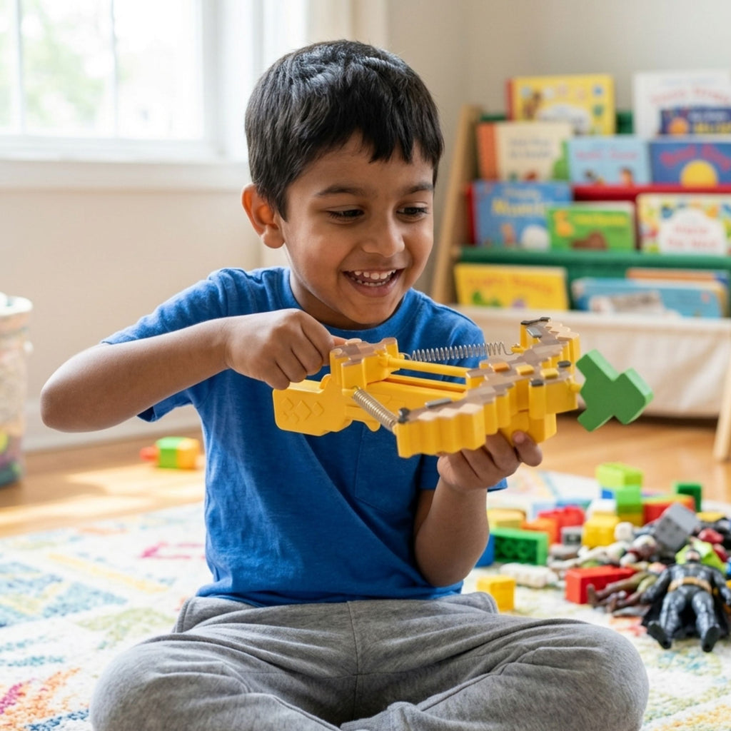 Pixel Creeper Spring Crossbow Toy Launcher for Kids | Block Style Action Toy {Random Color}
