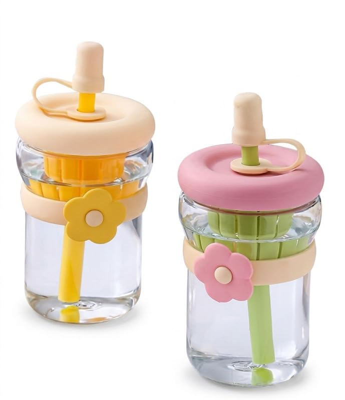 500ml Glass Sipper Bottle with Flower Band | Leakproof Straw Bottle with Built-in Juicer | Cute Aesthetic Drinkware for Kids & Adults (Multicolor)