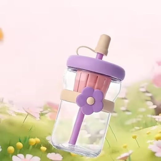 500ml Glass Sipper Bottle with Flower Band | Leakproof Straw Bottle with Built-in Juicer | Cute Aesthetic Drinkware for Kids & Adults (Multicolor)